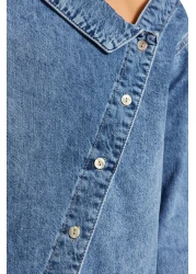  Collection Blue Asymmetrical Neckline Detail Oversize Denim Shirt Twoss24Go00034