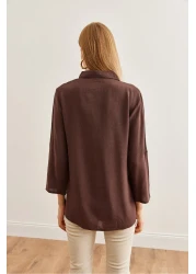 Olalook قميص كتان نسائي - بني، أكمام مطوية، GML- 19000825