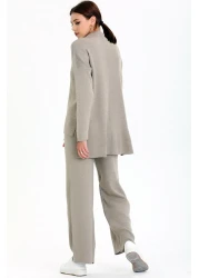 ALCHON Stand Collar Stripe Detailed Short Front Long Back Sweater Elastic Waist Straight Leg Trousers Double Knitwear Set