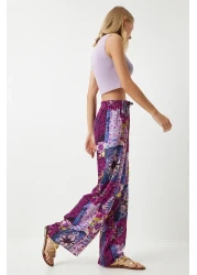 Happiness İstanbul بنطلون نسائي من الفسكوز بالازو منقوش باللون البرقوق إكرو EN00606