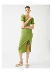 Koton Midi Dress Balloon Sleeve Slit Square Neck