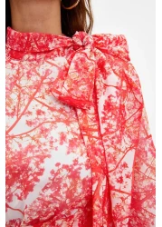  Modest Red Floral Patterned Lined Long Chiffon Evening Dress TCTSS24EB00040