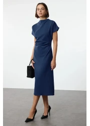  Collection Petrol A-Line Degaje Neck Midi Crepe Woven Dress Twoaw25El00393