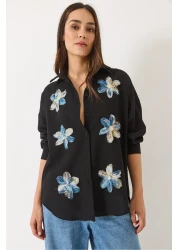 Bianco Lucci قميص نسائي قطني بأكمام طويلة من التول مع إكسسوارات زهور 6526 60283057