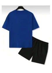 khufu Unprinted Oversize Mold Blue T-Shirt and Black Shorts Two-Piece Set Unisex
