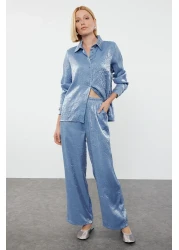  Collection Satin Woven Navy Blue Shirt and Trousers Set - Accessory Detailed TWOAW25AU00088