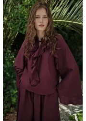 Hooopstore Boho Voile Burgundy Blouse Skirt Set