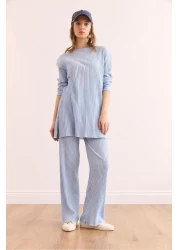 Olalook Women's Baby Blue Top Slit Blouse Bottom Palazzo Corded Suit TKM-19000180