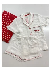Serbella Red Love White Organic Muslin Shorts Pajama Set Cotton Anti-Sweat