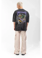 Sokak Butik تيشيرت ميتاليكا أرجواني مطبوع من الخلف باللون الأسود للجنسين مقاس كبير