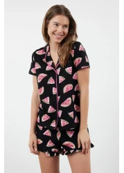  Collection طقم بيجامة نسائي/زوجين أسود 100% قطن منقوش بالبطيخ مع شورت مكشكش THMSS21PT0670