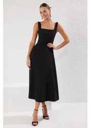  Collection فستان أسود مستقيم على شكل حرف A مزين بالأحجار المنسوجة فستان متوسط الطول غير مبطن أنيق/مساء