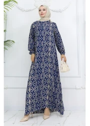 sefamerve فستان منقوش من قماش الفسكوز 0036-03 أزرق داكن