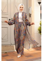 N.S NEVA STYLE Patterned Sax Blue Hijab Double Kimono Set 12885Sx