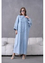 Miss Allos Women's Sequin Embroidered Wide Fit Long Denim Dress