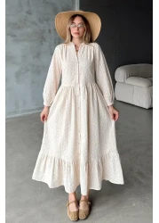 Olcay فستان غيبور بطول متوسط ​​مع أزرار بيج 9351-E