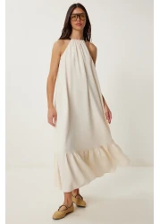 Lovelyİstanbul فستان كتان صيفي بحزام متباين كريمي LFG0007