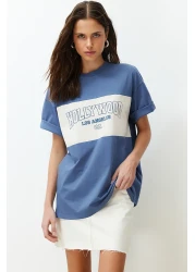  Collection Indigo 100% Cotton Color Blocked City Printed Oversize/Wide Cut Knitted T-Shirt TWOSS24TS00079