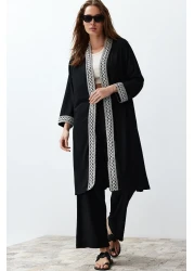  Collection Black Embroidery Detailed Belted Woven Kimono-Pants Set Twoss24Au00064