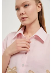 Arma Life Women's Patterned Short Sleeve Summer Pink Muslin Shirt