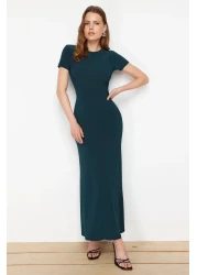  Collection Emerald Green Short Sleeve Fitted Crew Neck Flexible Knitted Maxi Pencil Dress TWOSS24EL00097