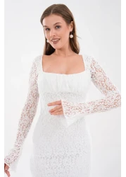 bayansepeti قماش دانتيل مبطن باللون الأبيض، تصميم رقبة مربعة، تصميم بأكمام طويلة من الدانتيل، فستان متوسط الطول 209