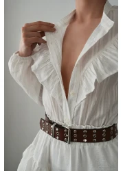  Collection White Ruffle Detailed Transparent Short Cut/Crop Shirt Twoss25Go00165