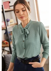 armonika Women's Turquoise Collar Tied Patterned Shirt ARM-20K001150