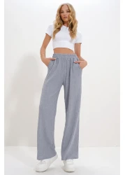 Trend Alaçatı Stili Gray High Waist Elastic Wide Leg Women's Trousers - Alc-X12712