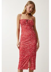 Happiness İstanbul فستان نسائي صيفي محبوك باللونين الأحمر والأبيض مزين بالزهور CI00029