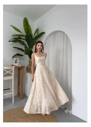 Julidress فستان كتان بتصميم مميز مع تطريز وحزام بنمط زهرة وردية ثلاثية الأبعاد