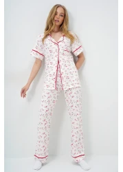 Trend Alaçatı Stili Women's Micro Floral Pomegranate Single Pocket Piping Detailed Cotton Shirt and Pants Pajama Set Pjm-X13898