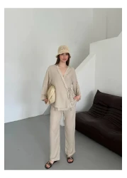 Laluvia طقم كيمونو من قماش الكتان مع تفاصيل حجرية جانبية - 8373