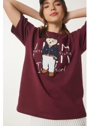 Happiness İstanbul Women's Oversize Burgundy Embroidered Cotton T-Shirt Cr00452