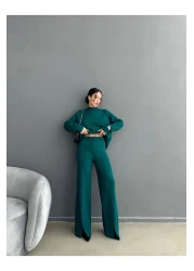 Lusin Women's Half Turtleneck Sweater Trousers Bottom Top Knitwear Set - Nefti Green
