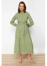  Modest فستان منسوج بحزام كاكي فاتح وأزرار وطية صدر السترة TCTSS21EL3343