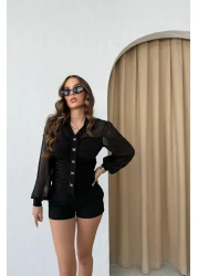 RB CLUB Button Detailed Sleeves Chiffon Blouse Black