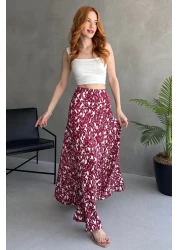 EYLANA تنورة طويلة منقوشة باللون الأبيض العنابي