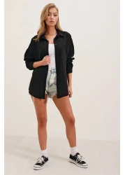 Bigdart 20153 قميص كتان كبير الحجم بجيب واحد - أسود