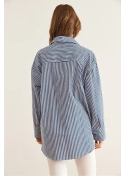 Olalook قميص بوبلين نسائي مخطط باللون الأزرق الداكن بفتحة مخفية GML- 19000867