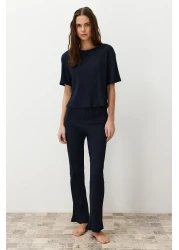  Collection طقم بيجامة مضلع - أزرق داكن، تي شيرت وبنطلون مطبوع عليه شعار THMSS21PT1016