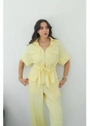 Havoş Yellow Front Zippered Belted Blouse Trousers Set