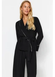  Collection Double Breasted Cut Viscose Black Pajamas Set - Belted and Piping Detail Thmaw22pt1109
