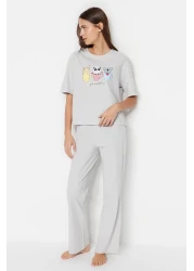  Collection Light Gray Printed T-Shirt and Trousers Knitted Pajamas Set 100% Cotton - Thmss23Pt00134