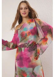  Collection Multicolored Abstract Cape Detailed Maxi Lined Chiffon Dress Twoss25El00014