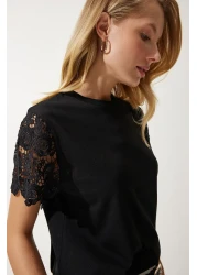 Happiness İstanbul Women's Black Guipure Sleeve Knitted Blouse HF00450