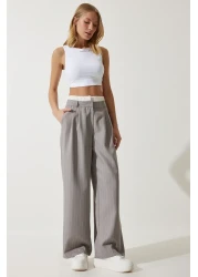 Happiness İstanbul Women's Gray Contrast Waist Detailed Striped Woven Trousers CI00104