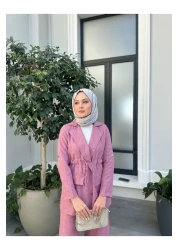 VOLT CLOTHİNG طقم بنطلون وسترة كتان برباط على الخصر للنساء