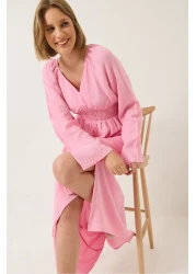 Bianco Lucci Women's V-Neck Waist Gimped Wide Sleeves Slit Detailed Long Cotton Muslin Dress 3016 60283196