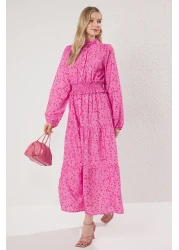  Modest Fuchsia Floral Patterned Gimped Woven Dress Tctss25Eb00087